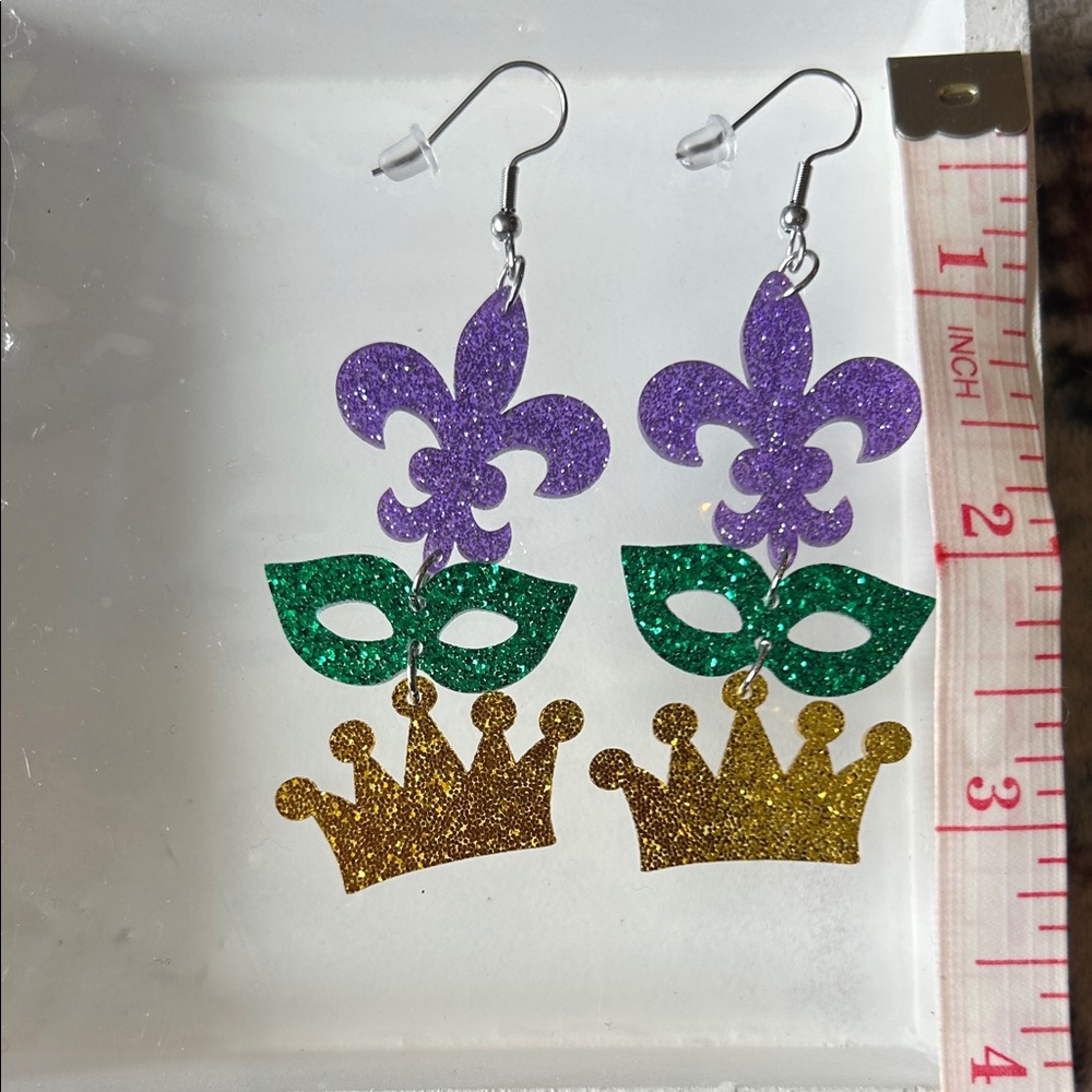 Mardi Gras Glitter Fleur-de-Lis Mask & Crown Dangle Earrings